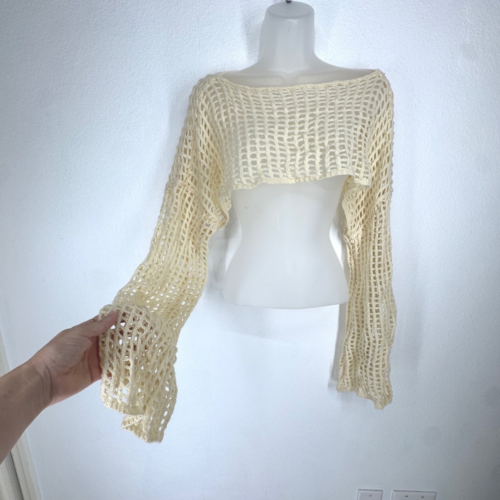 Womens Y2K Cream Crochet Open Knit Cropped Shrug Long Sleeve Size XL Grunge Boho